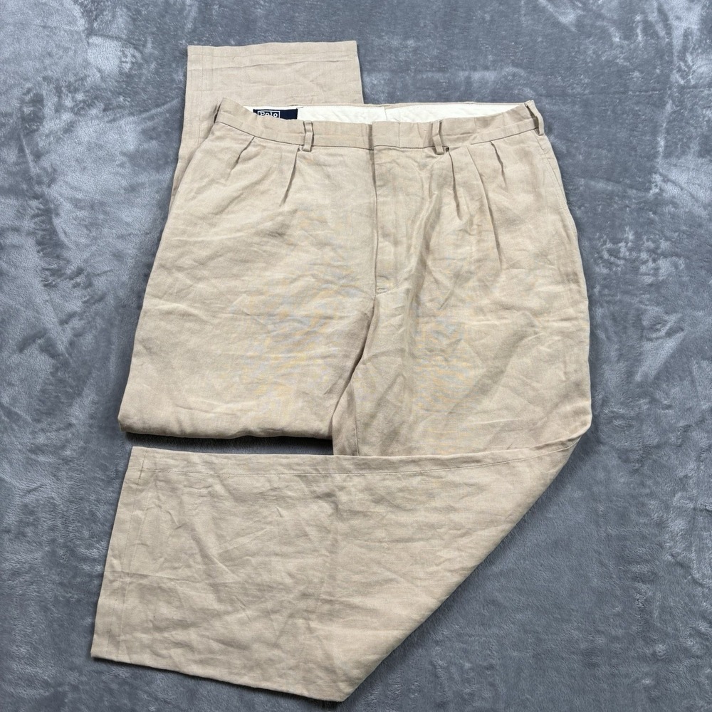 Polo Ralph Lauren Mens Tan Linen Double Pleated Cuffed Trousers 34x29 4832113RG*